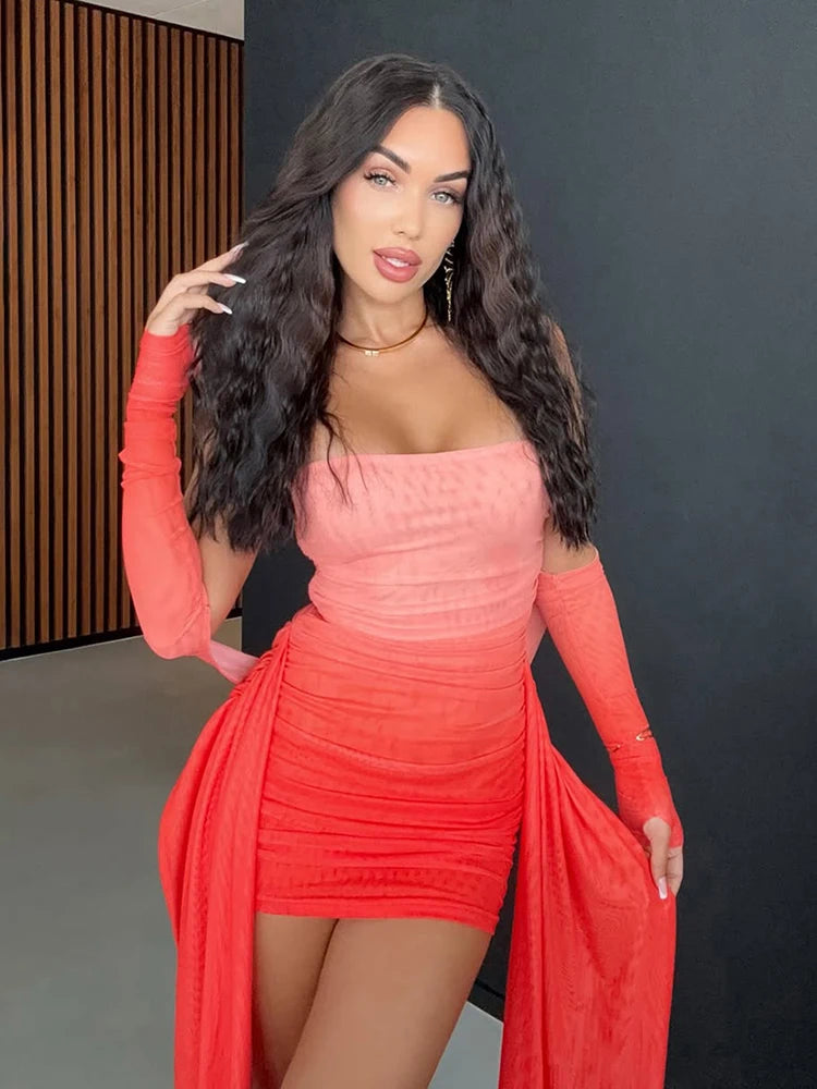 Strapless Mesh Mini Dress — Tassel Ribbon Body-Shaping Party Dress