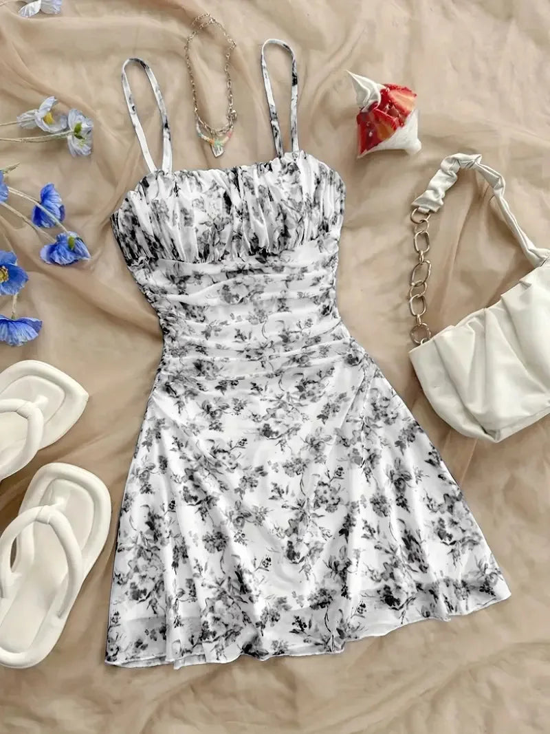 Printed Backless Pleated Mini Dress — Sexy Suspender Beach Vacation Dress
