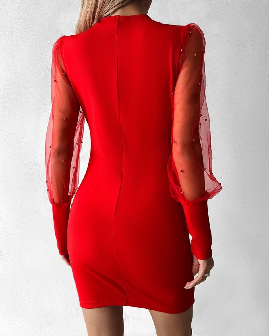 Women's Red V-Neck Long-Sleeve Mesh Dress, Pleated Waist