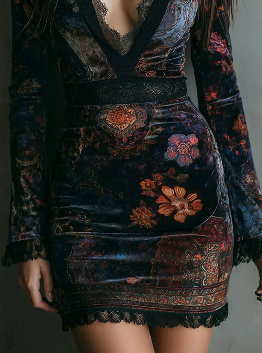 Velvet Floral Lace Mini Dress — Gothic V-Neck Long Sleeve Vintage Dress