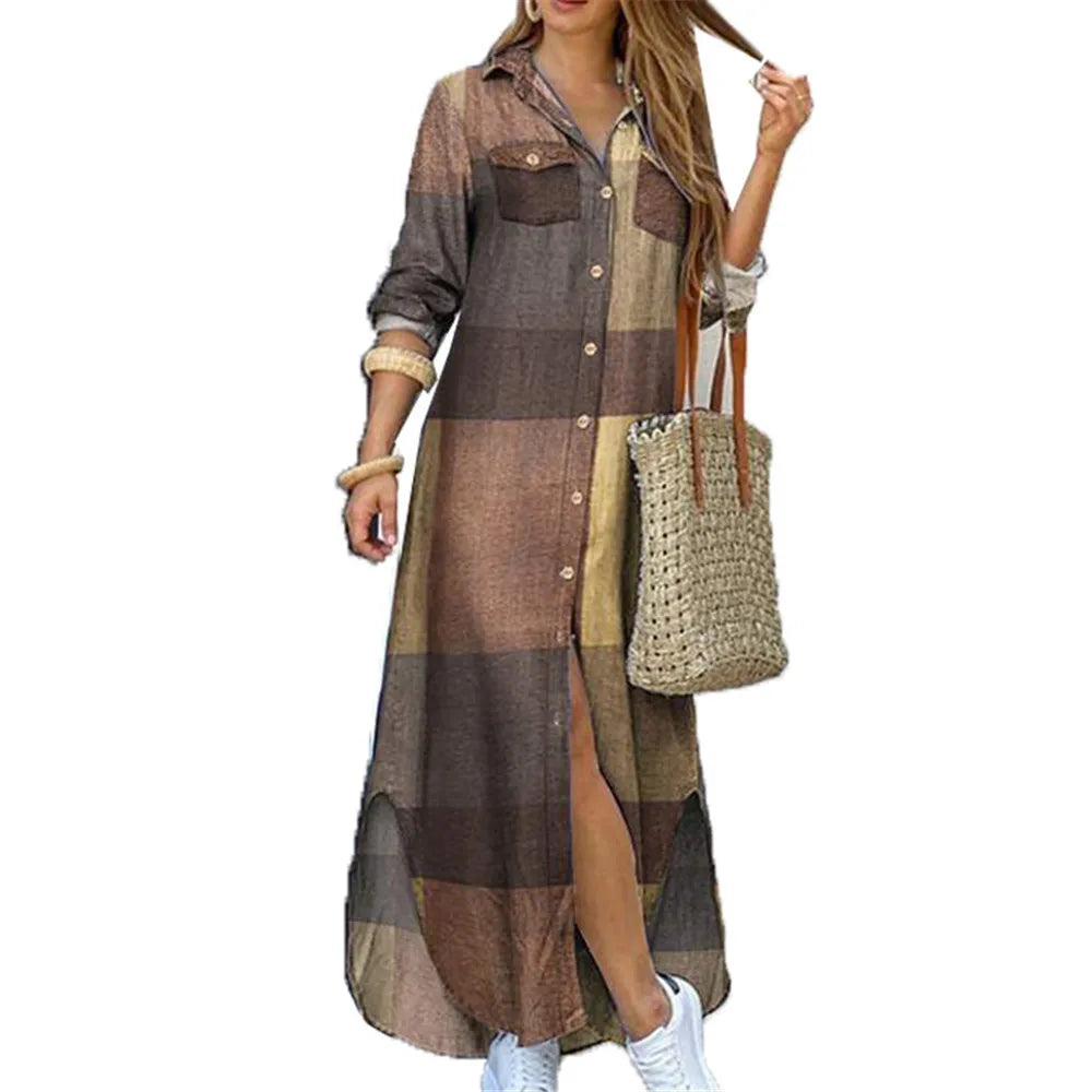 Women Dresses Fashion Sexy Single-breasted Dress Loose Lapel Casual Women's Clothing Literary Printing Long Shirt Skirt