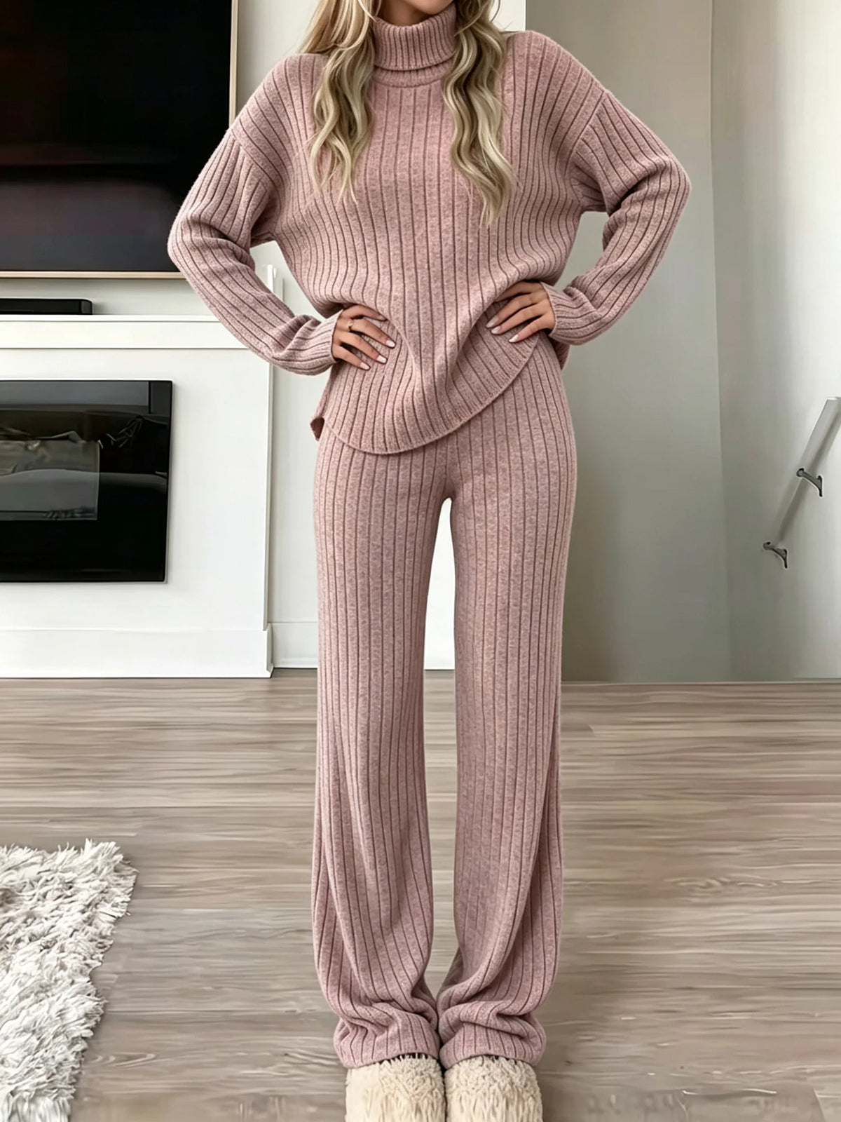 Women Ribbed Knit 2 Piece Outfit, Turtleneck Long Sleeve Sweater Top & High Waist Wide Leg Pants Set, Casual Loungewear Matching Sweatsuit For Daily Wear