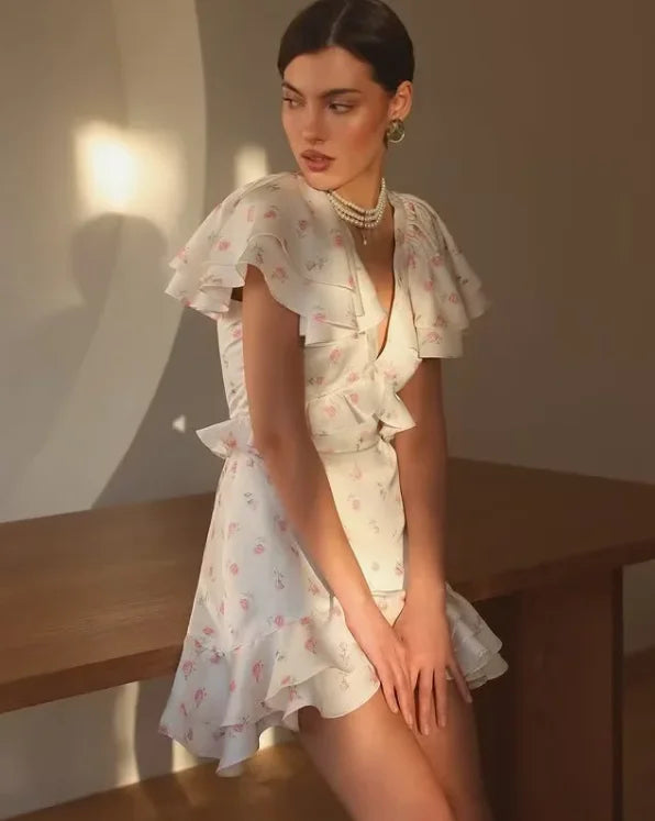 Floral V-Neck Ruffle Dress — Cinched Waist Layered Short Sleeve Dress