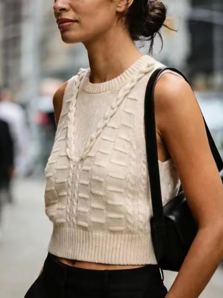 Women's Cable Knit Crop Top – Sleeveless Ribbed Vest in Ivory