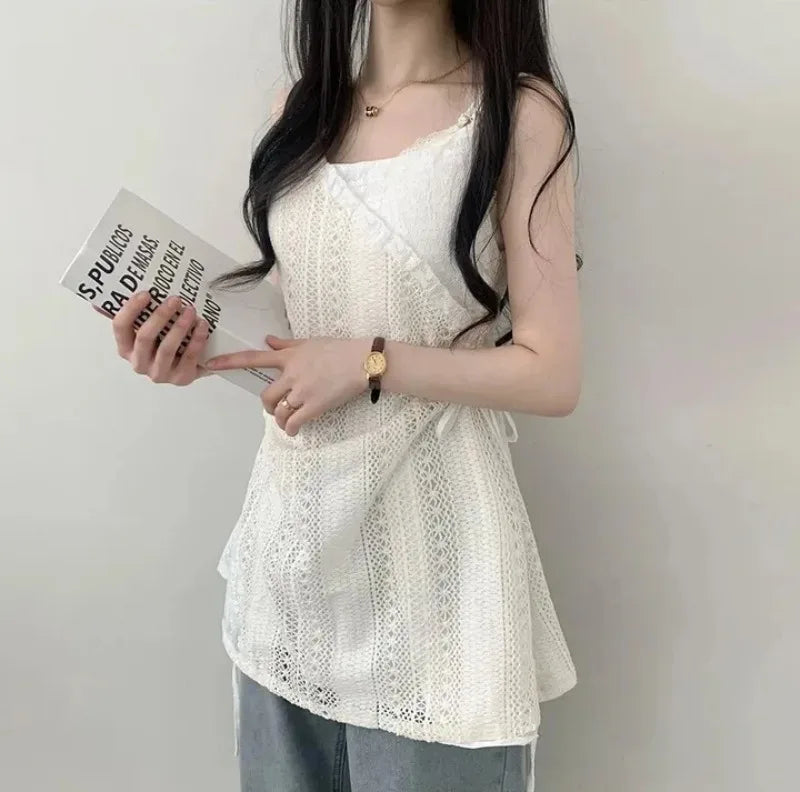 French Lace Sling Dress — Layered Gauze Knit Short Dress