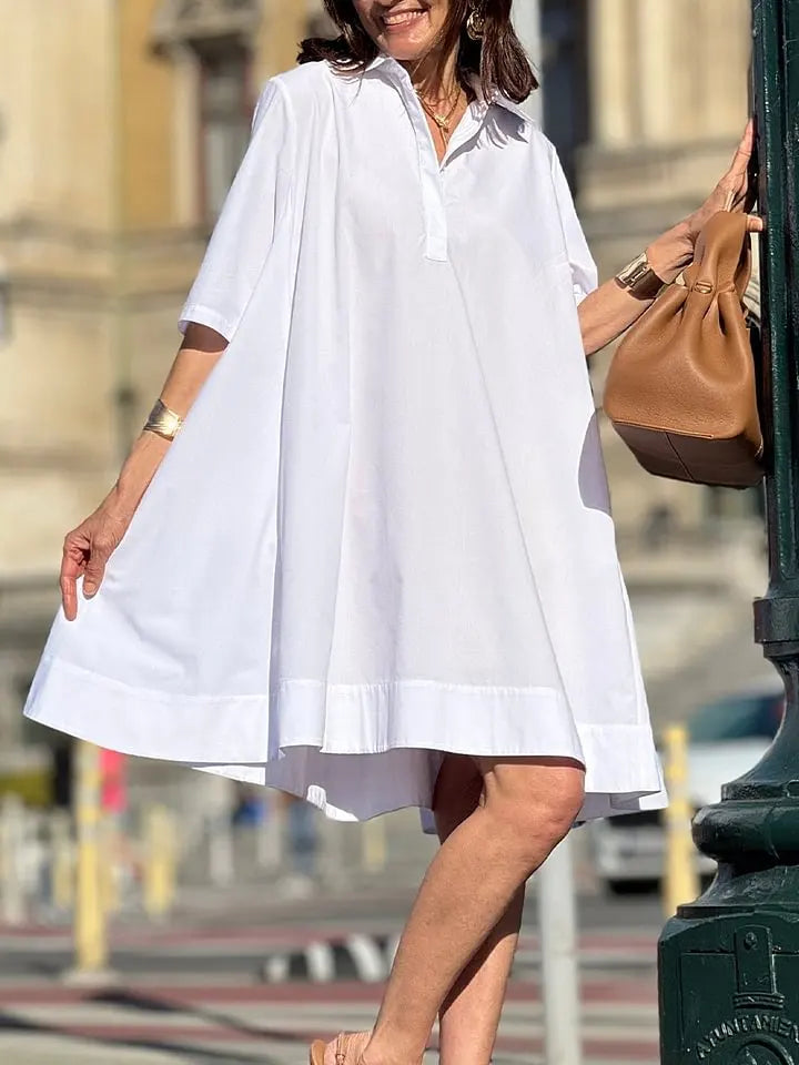 Women's Casual And Elegant Cotton And Linen Dress New Summer Fashion Elegant Short Sleeve White Loose Beach Party Dresses Robe