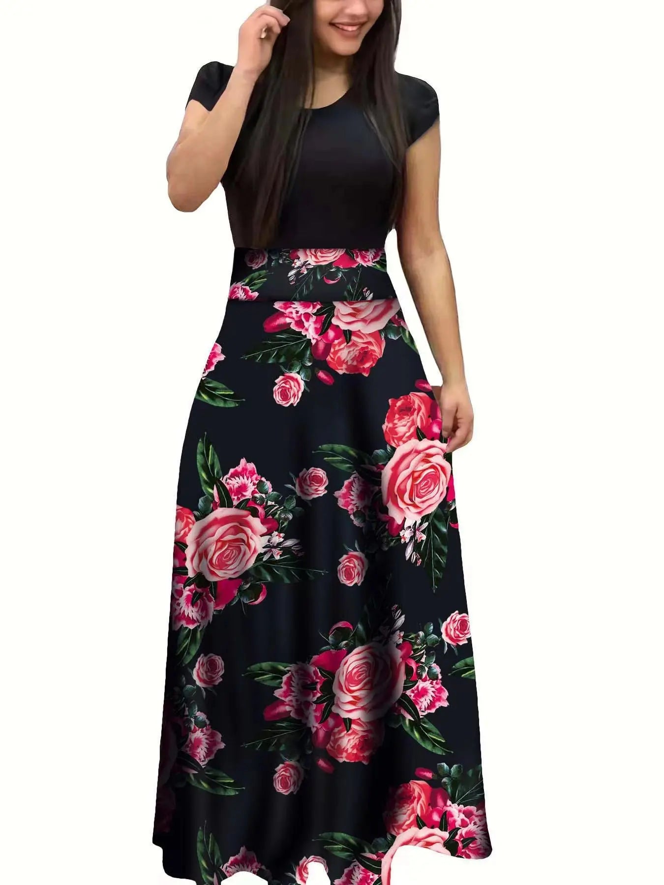 Floral Print Swing Dress — Short Sleeve Color Block Midi Skirt