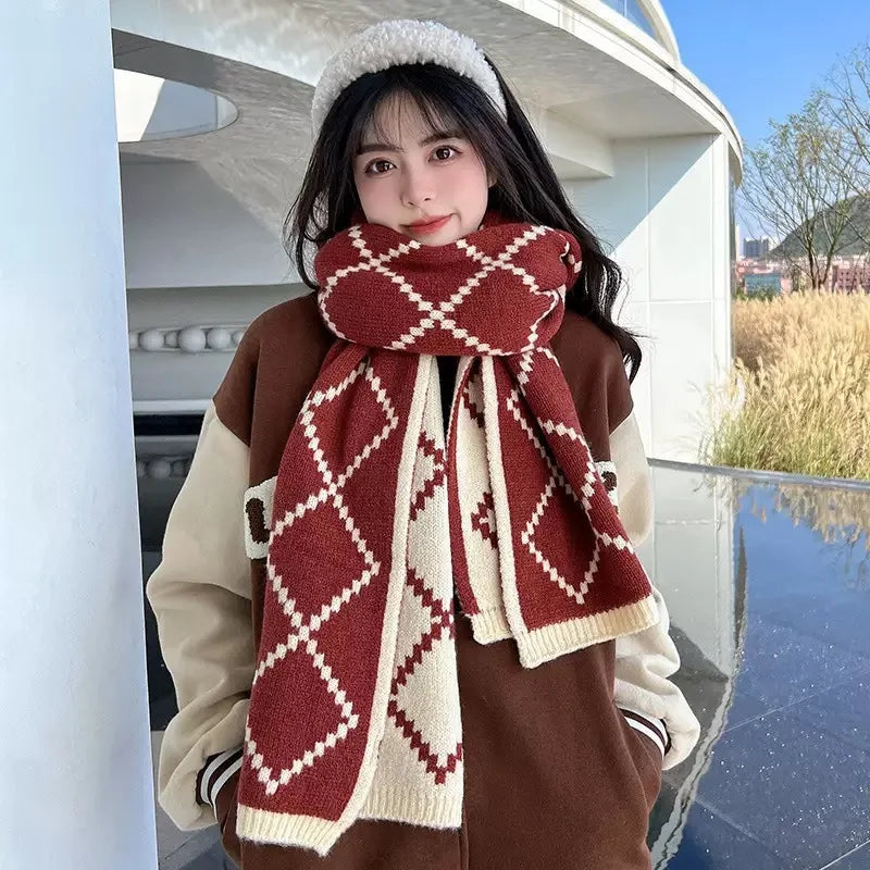 Winter Women Men Scarf Double-Sided Woolen Knitted Plaid Scarf Small Soft Warm Couple Scarves Outdoor Windproof Neckerchief