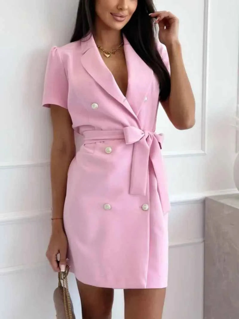 New Fashionable Women's Casual Loose and Sweet Suit Dress Ladies Collar Double Breasted Bodycon Solid Color Dress