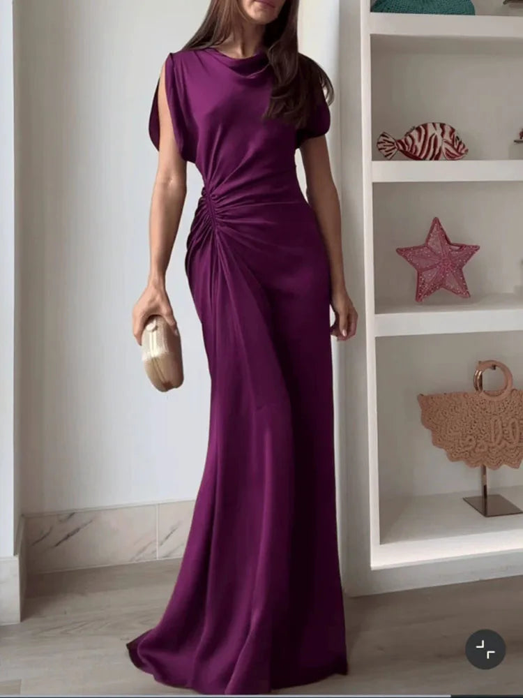 Casual O-neck Draped Gowns Dress Elegant Hight Waist Slim Fit Evening Dress Vestidos Women Fashion Temperament Solid Long Dress