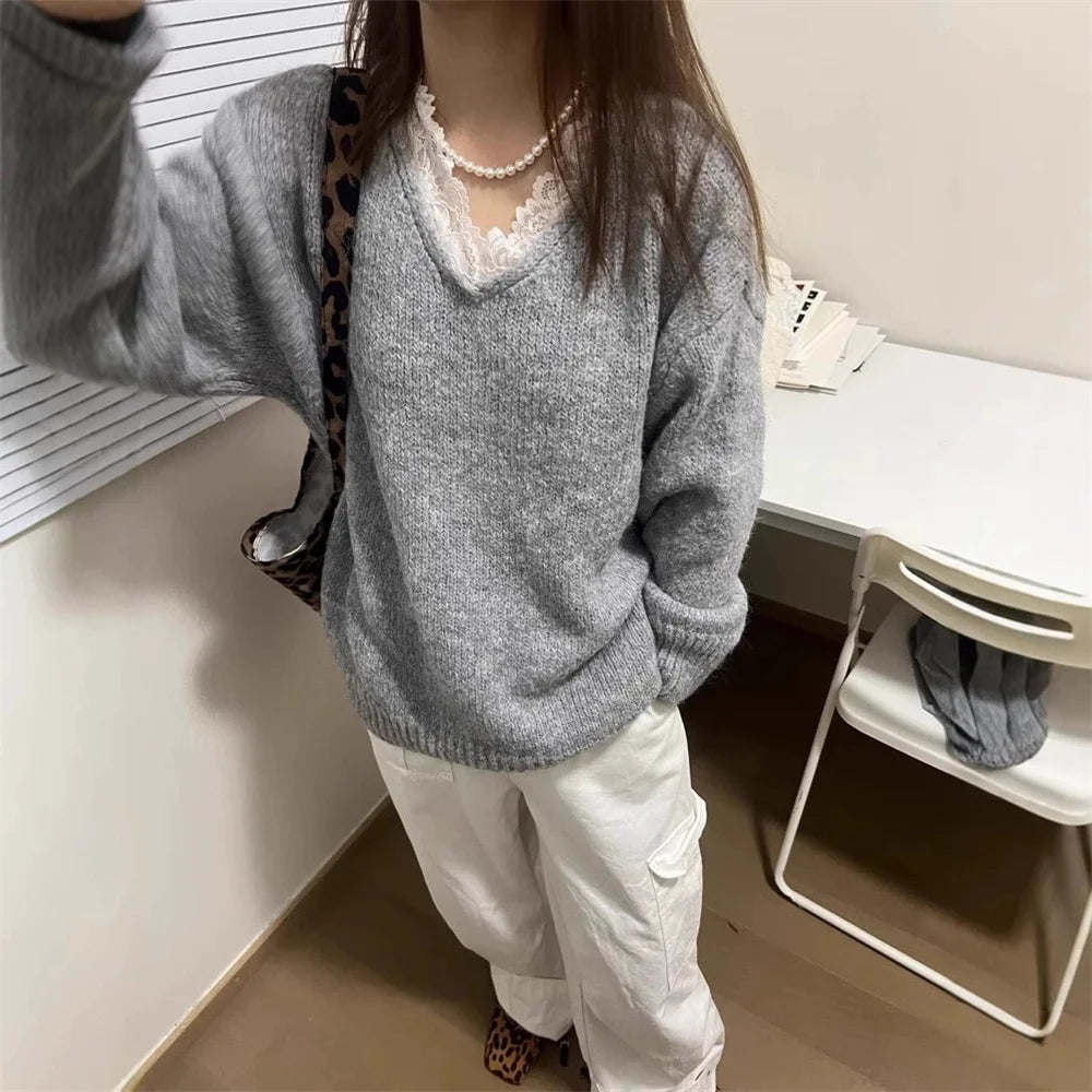 Spring Autumn Solid Women's Knitted Sweater V-Neck Patchwork Lace Collar Long Sleeved Pullover Casual Loose Tops Female Clothes