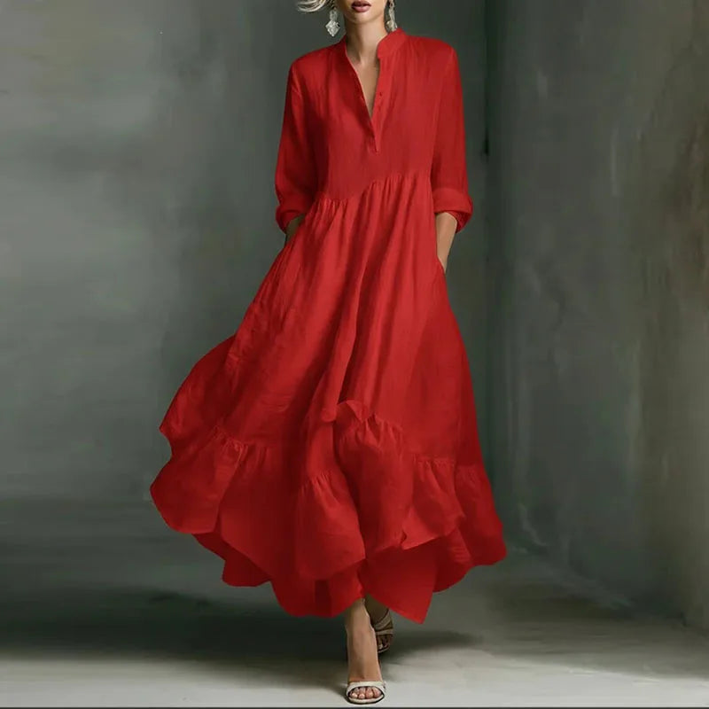 Women's Casual Dresses 2026 Spring Elegant V Neck High Waist A-Line Long Dress Retro Solid 3/4 Sleeve Ruffle Hem Boho Maxi Dress