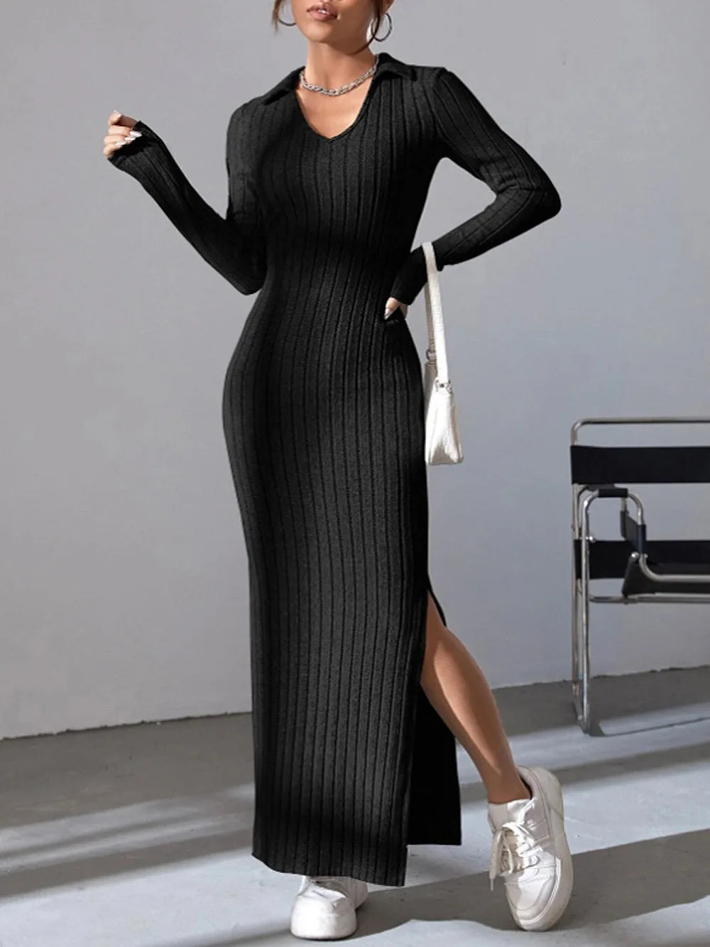 Knit Lapel Bodycon Dress — Long Sleeve Slim Solid Color Tight Skirt