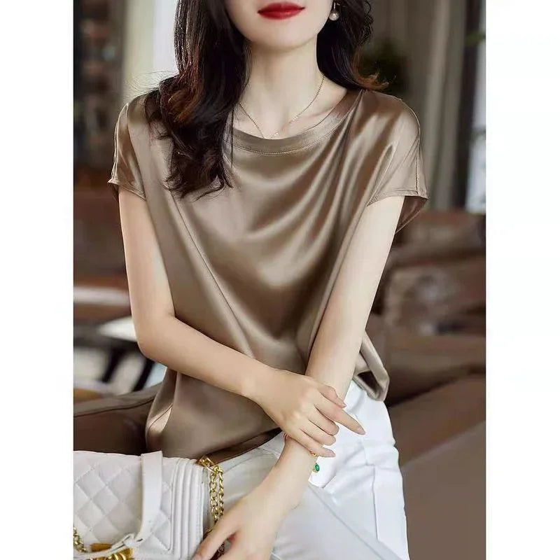 Summer Raglan Sleeve Faux Silk Satin Blouse Women Elegant Office OL Tops Loose Fit T-Shirts Basic Blusas Female Tunic Oversized