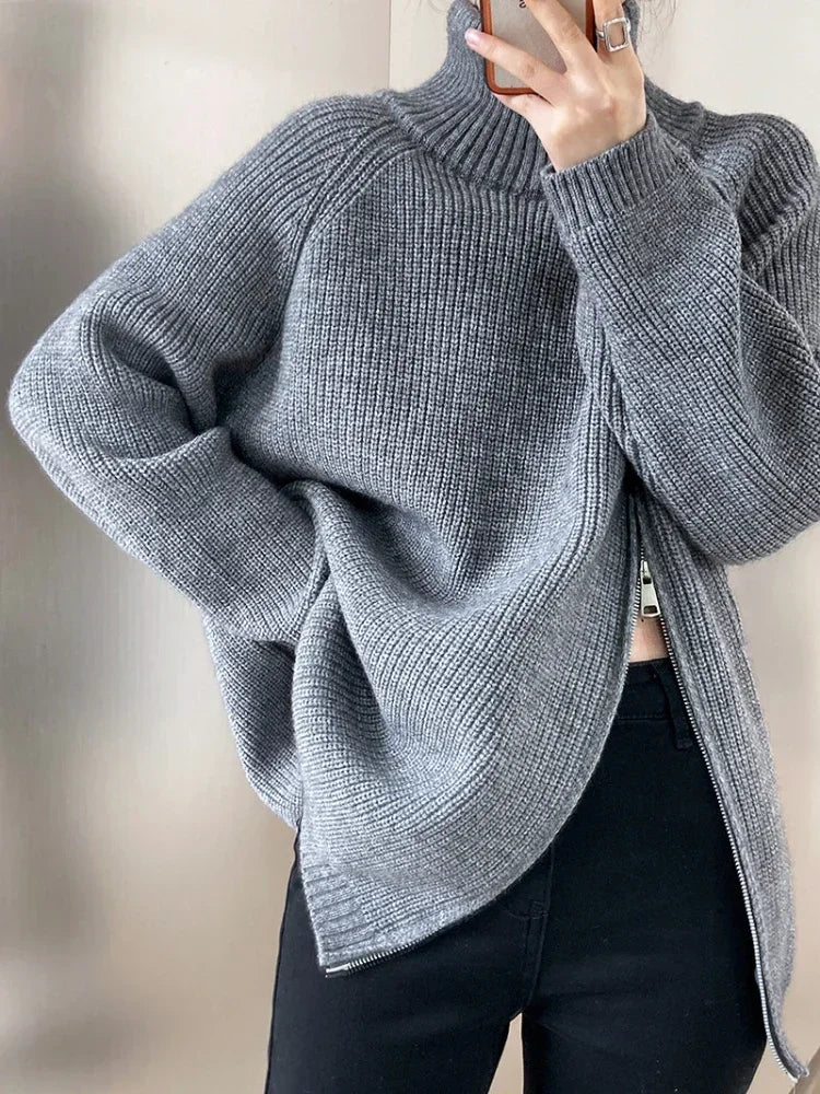 Women's Turtleneck Zipper Oversize Fashion Women Sweaters 2026 Autumn Knitwears Loose Thick Warm High Neck Solid Pullovers Women