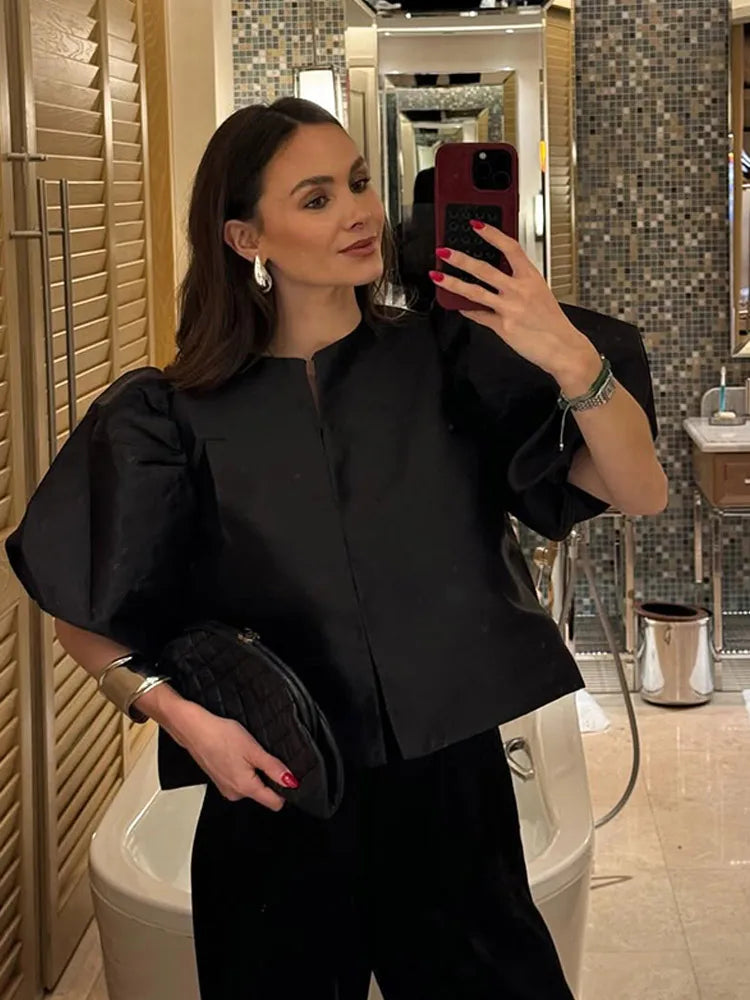 Spring Summer New Women's Fashion Casual Shirt Satin Bubble Sleeves Round Neck Loose Short Top Female Elegant Solid Blouses