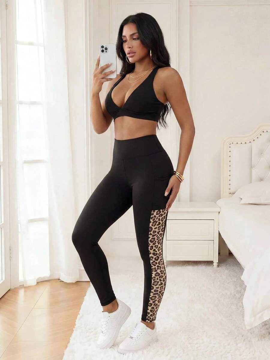 Easithlete Easithlete Women's Fashion Elastic Contrast Lace High Waist Phone Pocket Leggings
