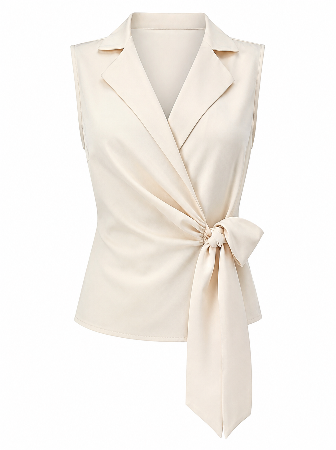 Beige V-Neck Waist-Belt Shirt, Slim Fit