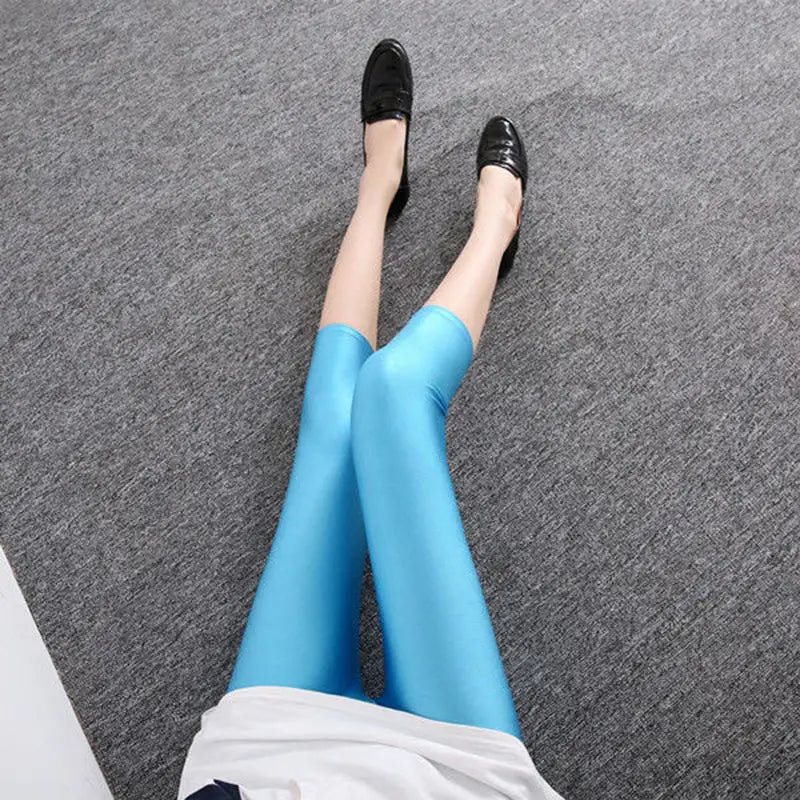 women summer knee length capris lady fashion solid black gray skinny pencil short pant bright shine shorts capris