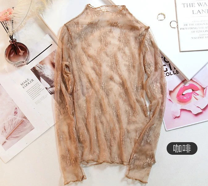 Sexy Women See Through Transparent Mesh Tops Long Sleeve Sheer Slim Ladies Turtleneck ds503