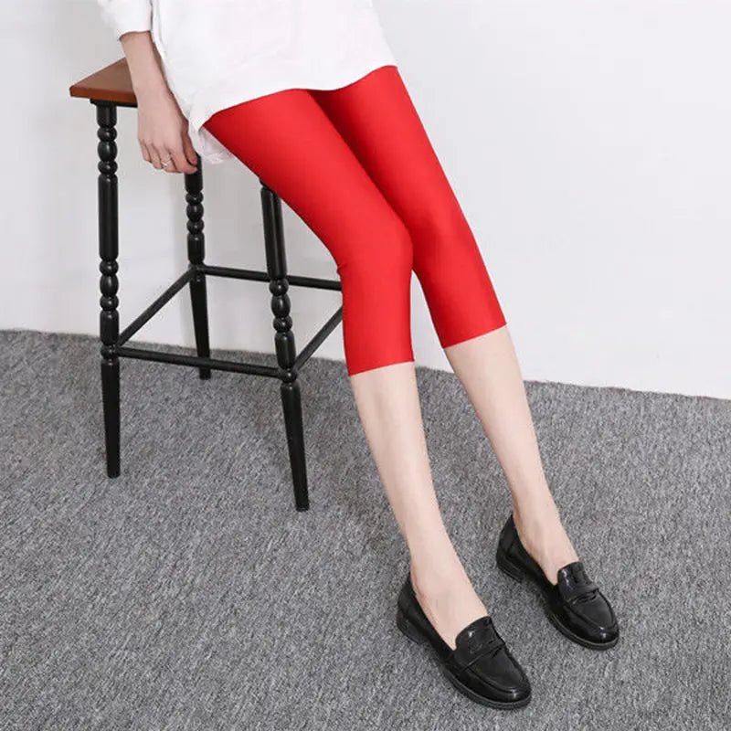 women summer knee length capris lady fashion solid black gray skinny pencil short pant bright shine shorts capris