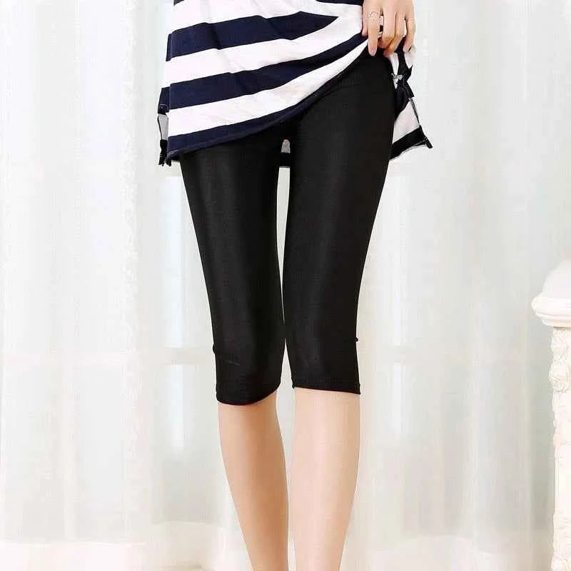 women summer knee length capris lady fashion solid black gray skinny pencil short pant bright shine shorts capris