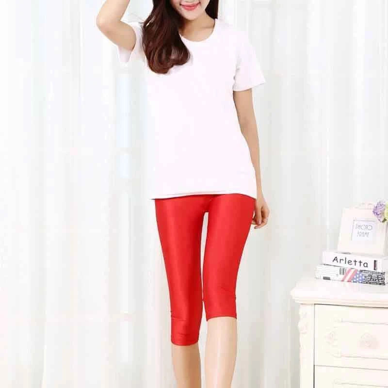 women summer knee length capris lady fashion solid black gray skinny pencil short pant bright shine shorts capris