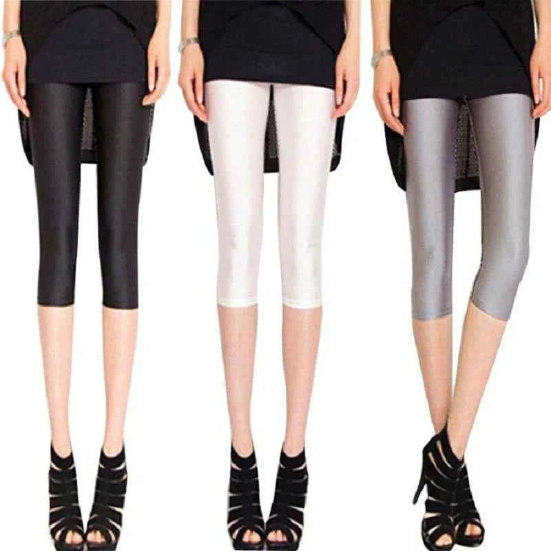 women summer knee length capris lady fashion solid black gray skinny pencil short pant bright shine shorts capris