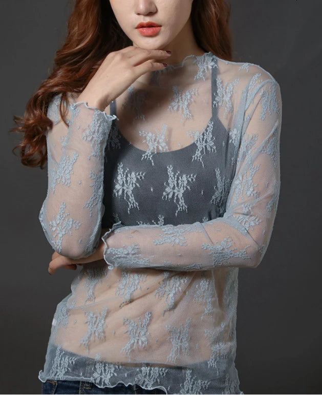 Sexy Women See Through Transparent Mesh Tops Long Sleeve Sheer Slim Ladies Turtleneck ds503