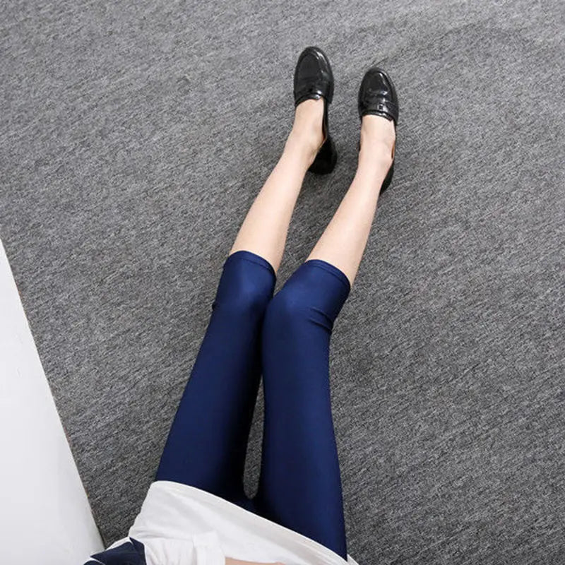 women summer knee length capris lady fashion solid black gray skinny pencil short pant bright shine shorts capris