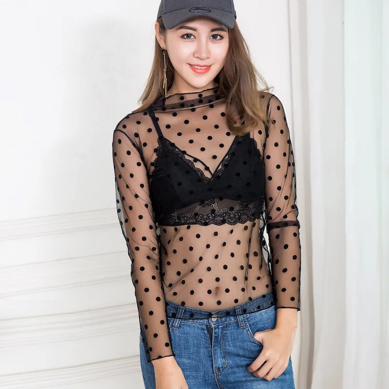 Sexy Women See Through Transparent Mesh Tops Long Sleeve Sheer Slim Ladies Turtleneck ds503