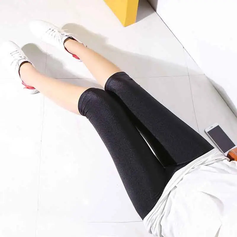 women summer knee length capris lady fashion solid black gray skinny pencil short pant bright shine shorts capris