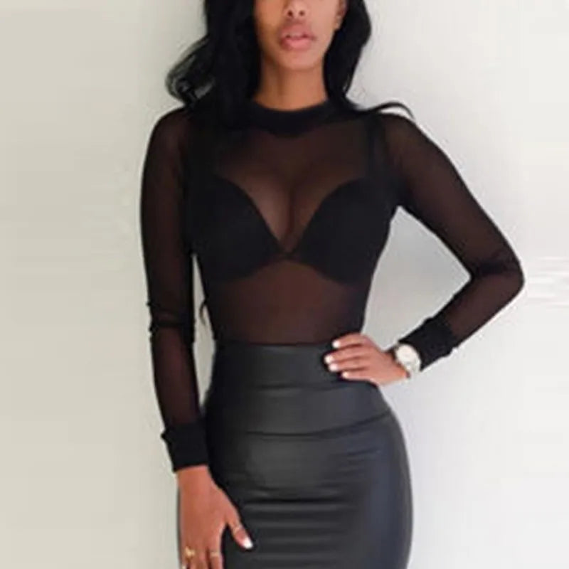 Women's Sheer Mesh Turtleneck Top – Long Sleeve Lace Detail