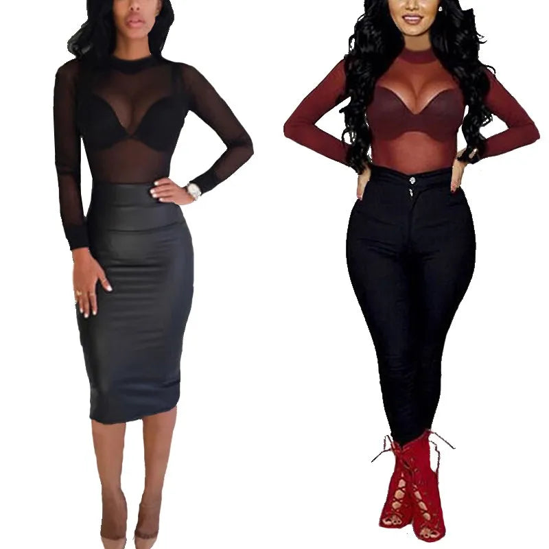 Women's Sheer Mesh Turtleneck Top – Long Sleeve Lace Detail