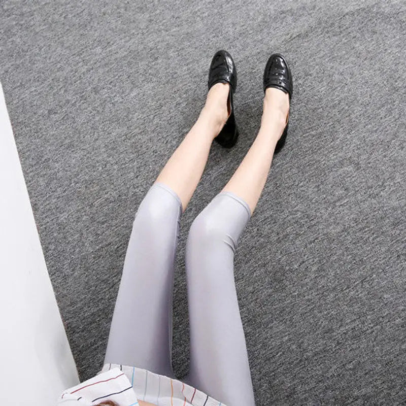 women summer knee length capris lady fashion solid black gray skinny pencil short pant bright shine shorts capris