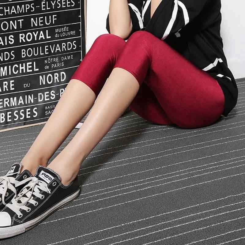 women summer knee length capris lady fashion solid black gray skinny pencil short pant bright shine shorts capris
