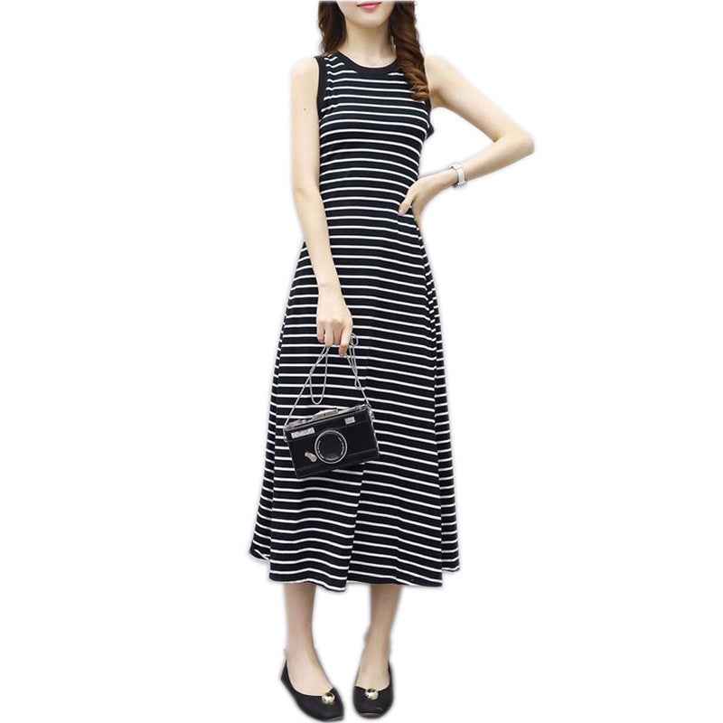 Korean Style Slim Stripesd Dress Women's Summer Retro Simple Sleeveless Vest Dress A-Line Long Skirt Black White