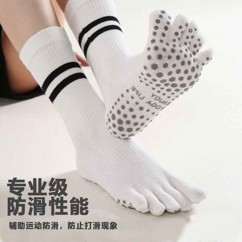 New Five-Finger Non-Slip Yoga Socks Pilates Sports Toe Socks Breathable Striped Middle Barrel Indoor Fitness Compression Socks