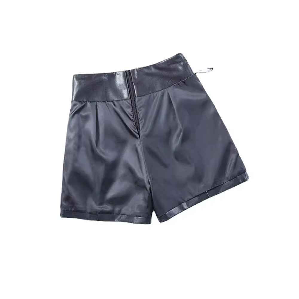 2023 Autumn Explosions Black Leather Shorts Women's High Waist Slim-fit Loose Straight A- leg Wide Leg Bottoming Boots Pants