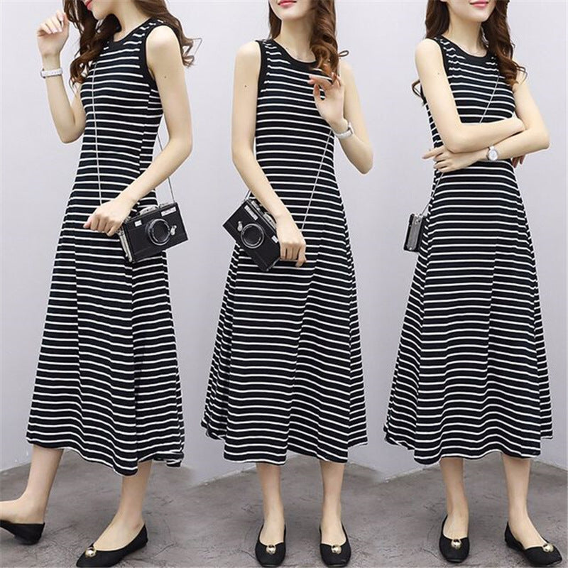 Korean Style Slim Stripesd Dress Women's Summer Retro Simple Sleeveless Vest Dress A-Line Long Skirt Black White