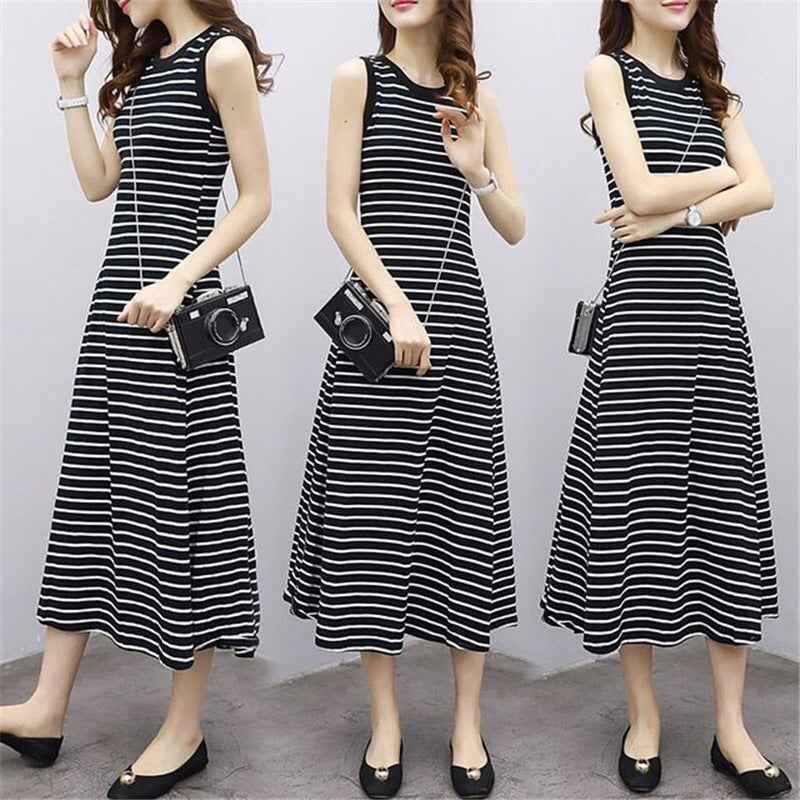 Korean Style Slim Stripesd Dress Women's Summer Retro Simple Sleeveless Vest Dress A-Line Long Skirt Black White