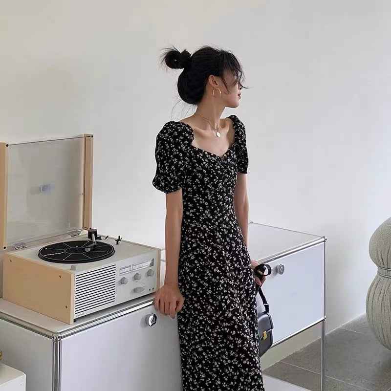 Cross-Border French Floral Dress Women's Summer Square Neck Puff Sleeves Slit Waist Temperament Tea Break Long Skirt