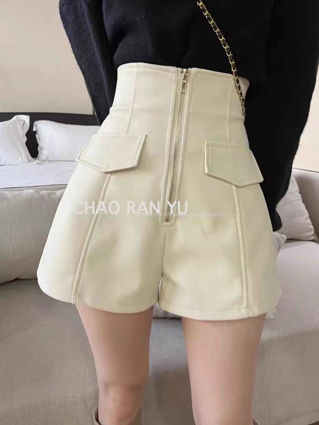 PU Leather Shorts Women's Autumn and Winter Outer Wear High Waist Slimming Boots Pants Fashionable Korean Style Elegant Leather Pants Zipper A- line Wide Leg Pants