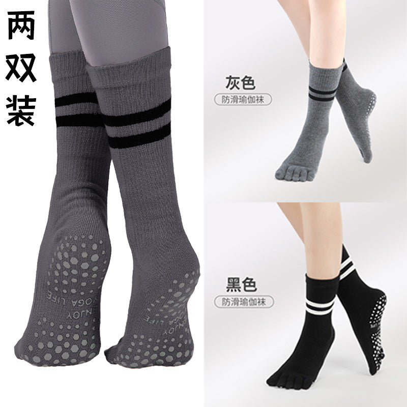 New Five-Finger Non-Slip Yoga Socks Pilates Sports Toe Socks Breathable Striped Middle Barrel Indoor Fitness Compression Socks