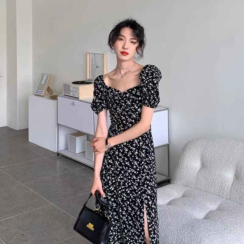 Cross-Border French Floral Dress Women's Summer Square Neck Puff Sleeves Slit Waist Temperament Tea Break Long Skirt