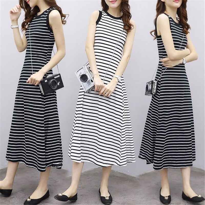 Korean Style Slim Stripesd Dress Women's Summer Retro Simple Sleeveless Vest Dress A-Line Long Skirt Black White