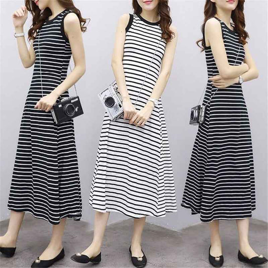 Korean Style Slim Stripesd Dress Women's Summer Retro Simple Sleeveless Vest Dress A-Line Long Skirt Black White