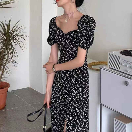 Cross-Border French Floral Dress Women's Summer Square Neck Puff Sleeves Slit Waist Temperament Tea Break Long Skirt