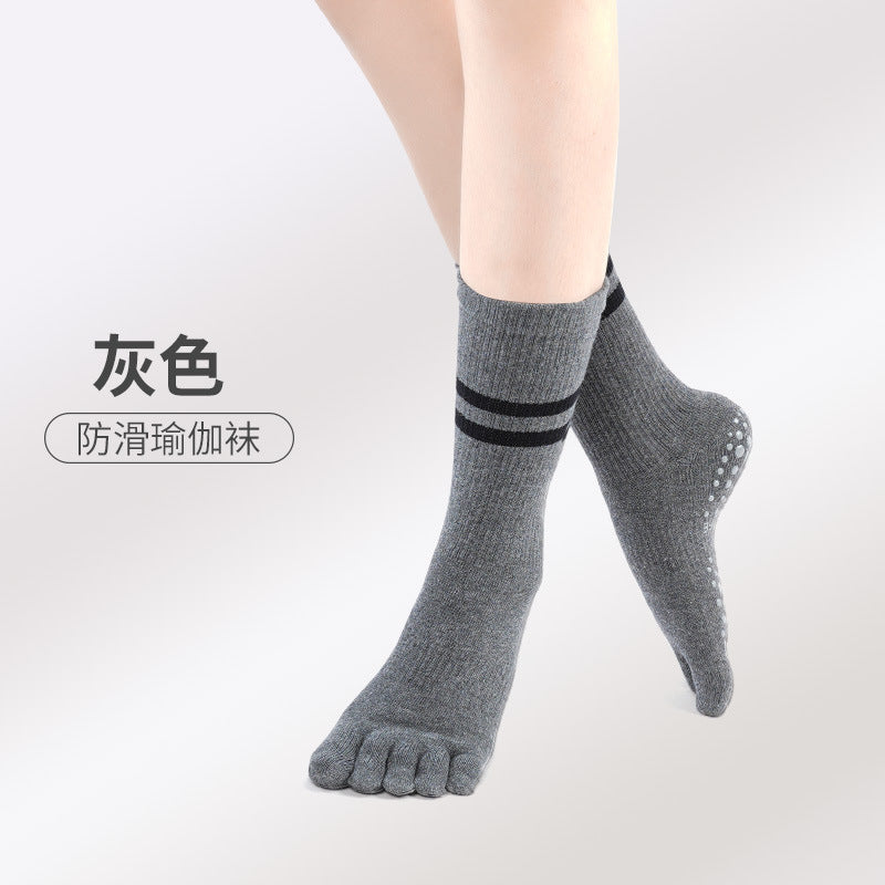 New Five-Finger Non-Slip Yoga Socks Pilates Sports Toe Socks Breathable Striped Middle Barrel Indoor Fitness Compression Socks