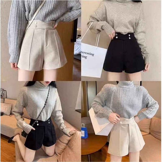 Autumn and Winter New Fashion High Waist Wide Leg Outer Wear Boots Pants for Children and Students Korean Style Loose Thickened Woolen Shorts Trendy